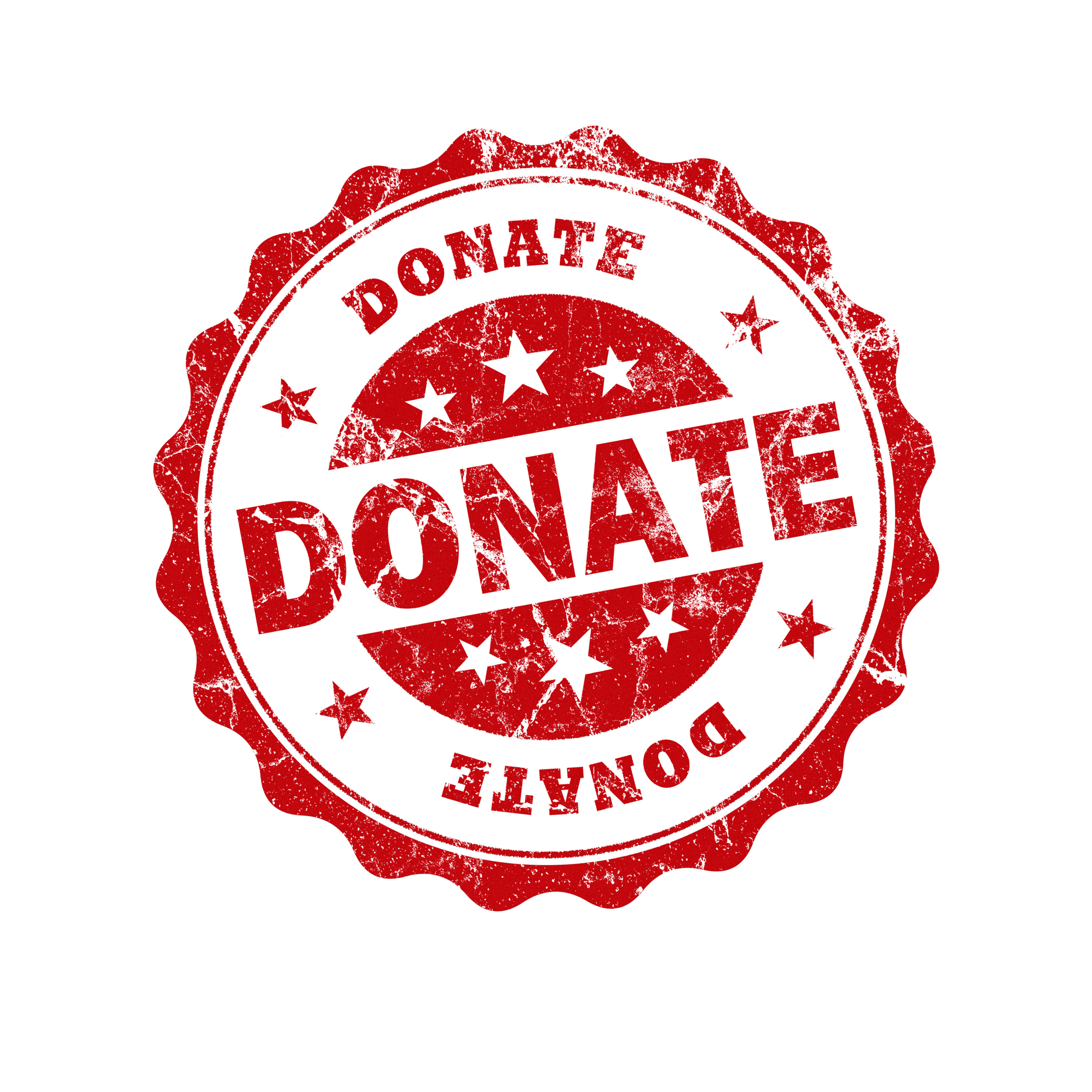 Red, circular, rubber stamp-like graphic with the words "DONATE DONATE DONATE" in bold capital letters, distressed texture, surrounded by small stars, on a white background with black borders at the top and bottom.
