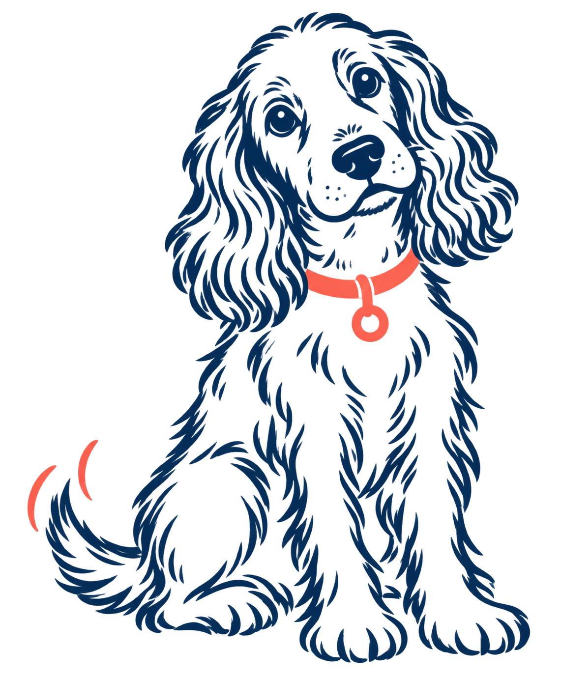 Illustration of a black long-haired dog with a red collar, sitting and facing forward.
