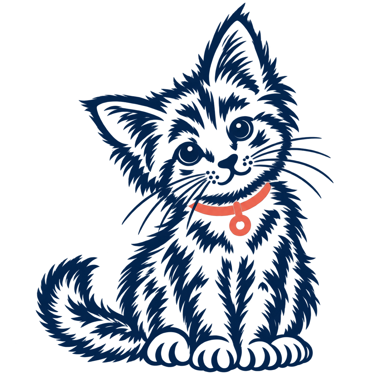 Illustration of a black kitten with a pink collar and a small round tag, facing forward with big eyes and a curious expression.