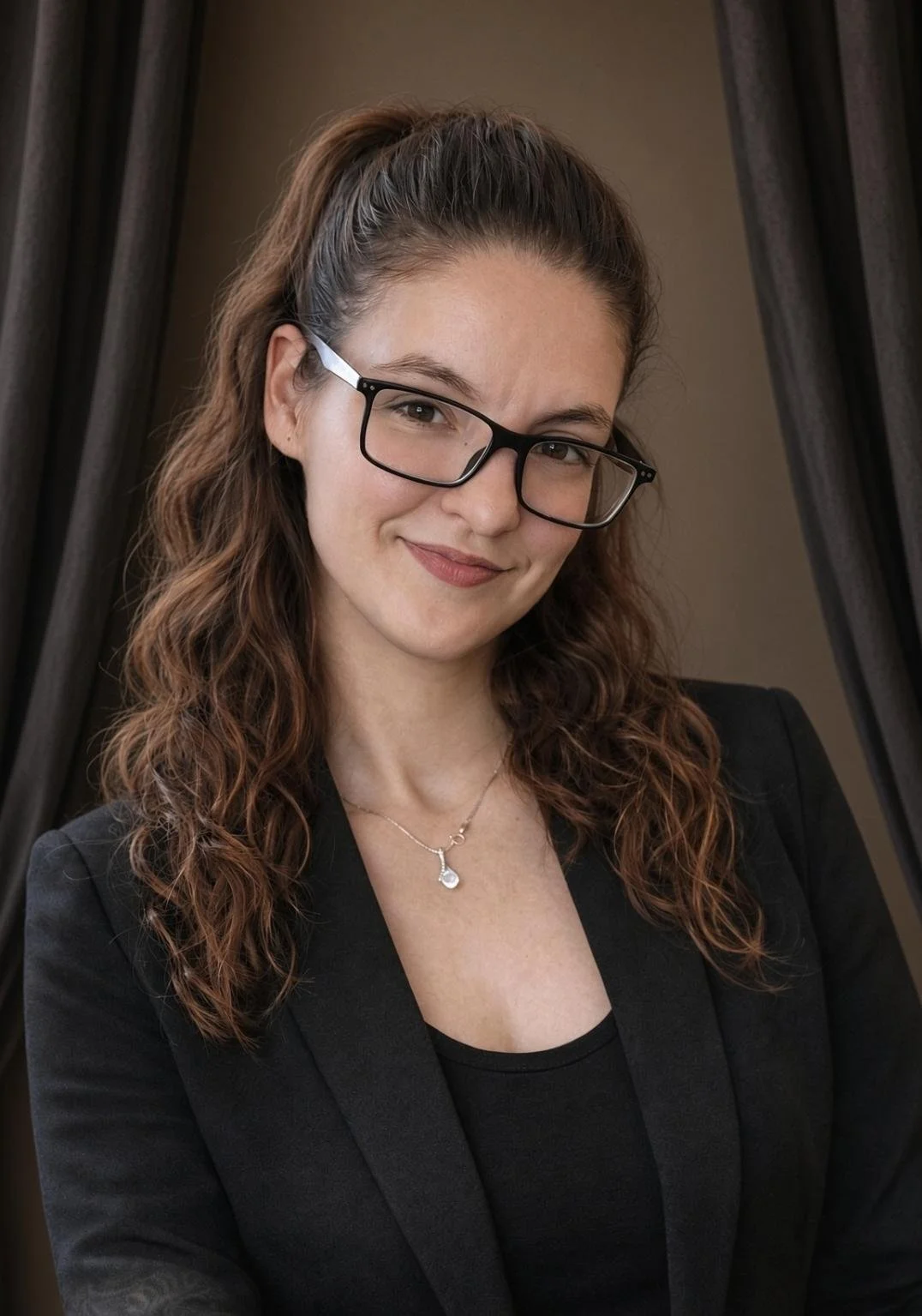 A woman with long, wavy auburn hair, wearing glasses and a black blazer, smiling at the camera.