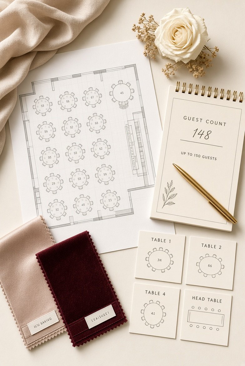 Wedding reception seating arrangement with a floor plan, guest count card, colored fabric swatches, and table number cards, decorated with a white rose and beige flowers.