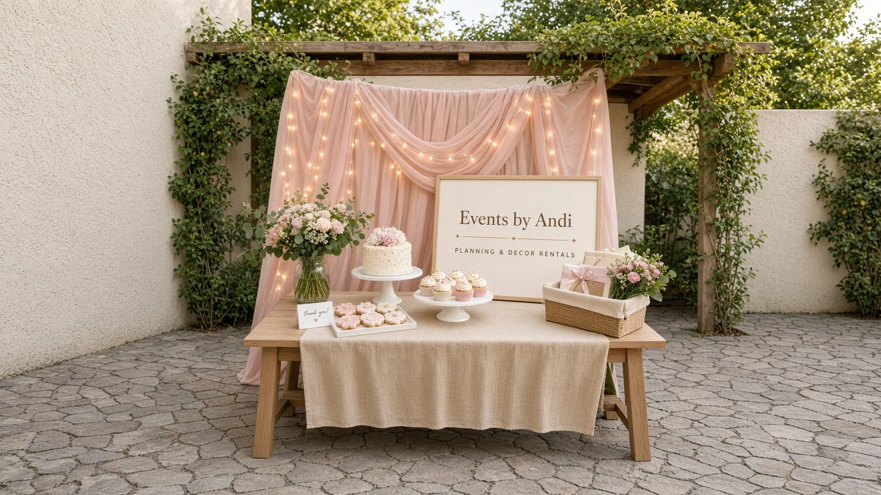 Table decorated for an event with flowers, cupcakes, a cake, and a sign that reads 'Events by Andi, Planning & Decor Rentals.' A pink draped backdrop with fairy lights is behind the table, surrounded by greenery.