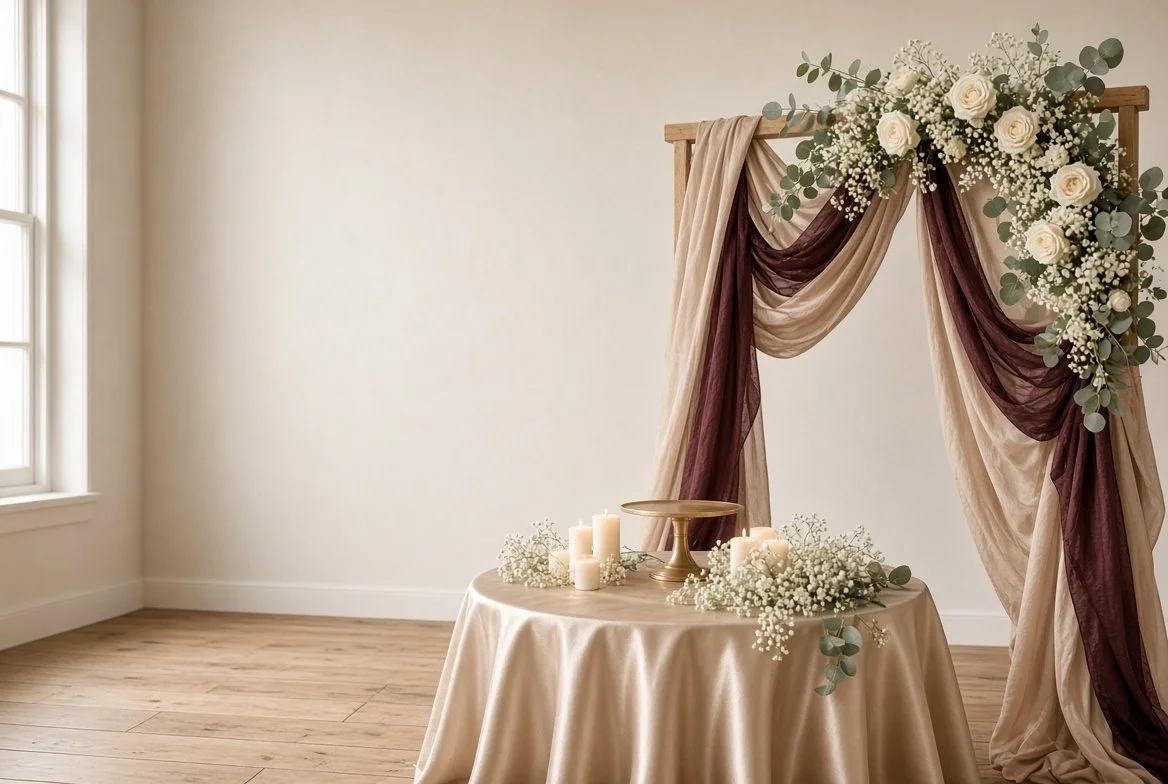 A wedding ceremony backdrop with draped beige and burgundy fabric, white roses, eucalyptus, candles, and a small gold stand on a round table.