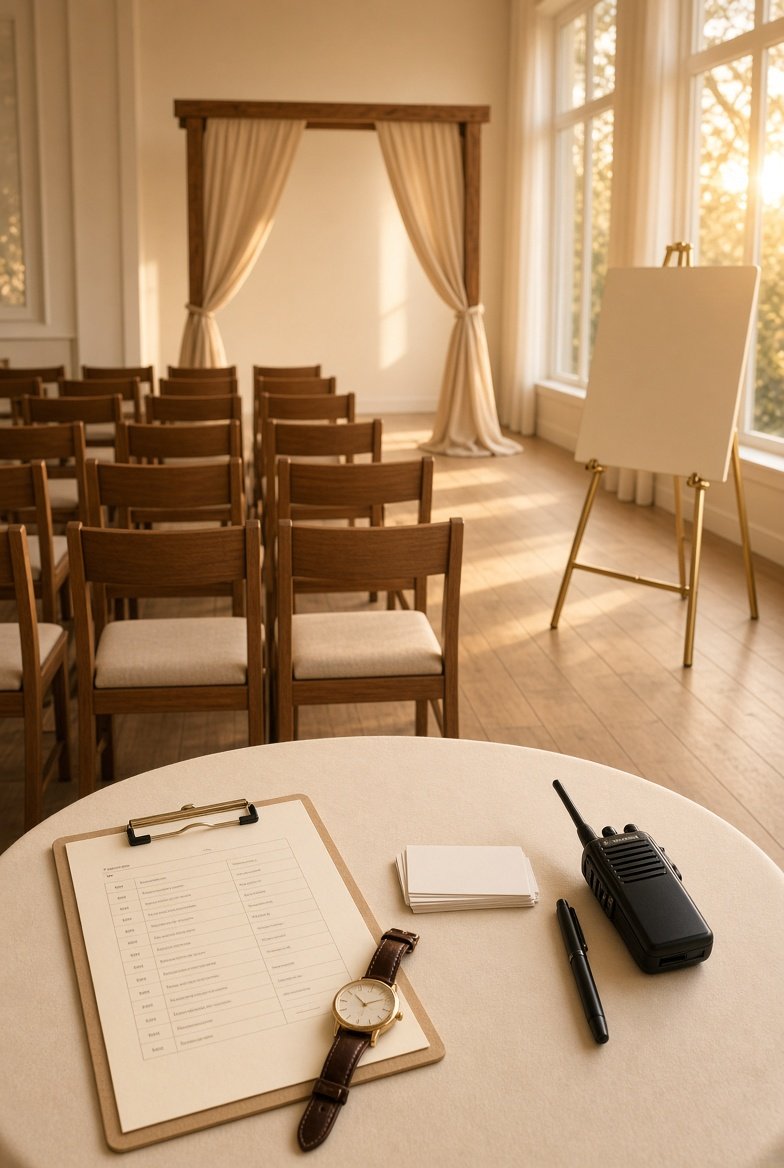 A room set up for a ceremony with wooden chairs arranged facing a ceremony arch with cream drapes. There is a large window letting in natural light and an empty whiteboard on a stand. In the foreground, a round table has a clipboard with a pen and paper, a walkie-talkie, a wristwatch, and a stack of small cards.