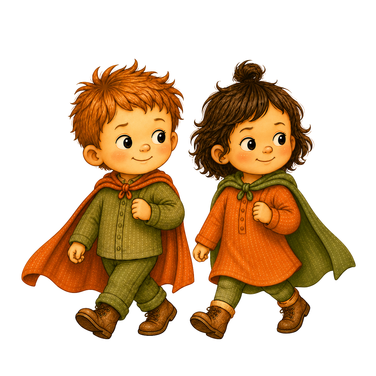 Zwei kinder in wetterfester Kleidung und Umhängen, die eine abenteuerliche Strecke gehen, ein Junge mit roten Haaren und ein Mädchen mit braunen lockigen Haaren.