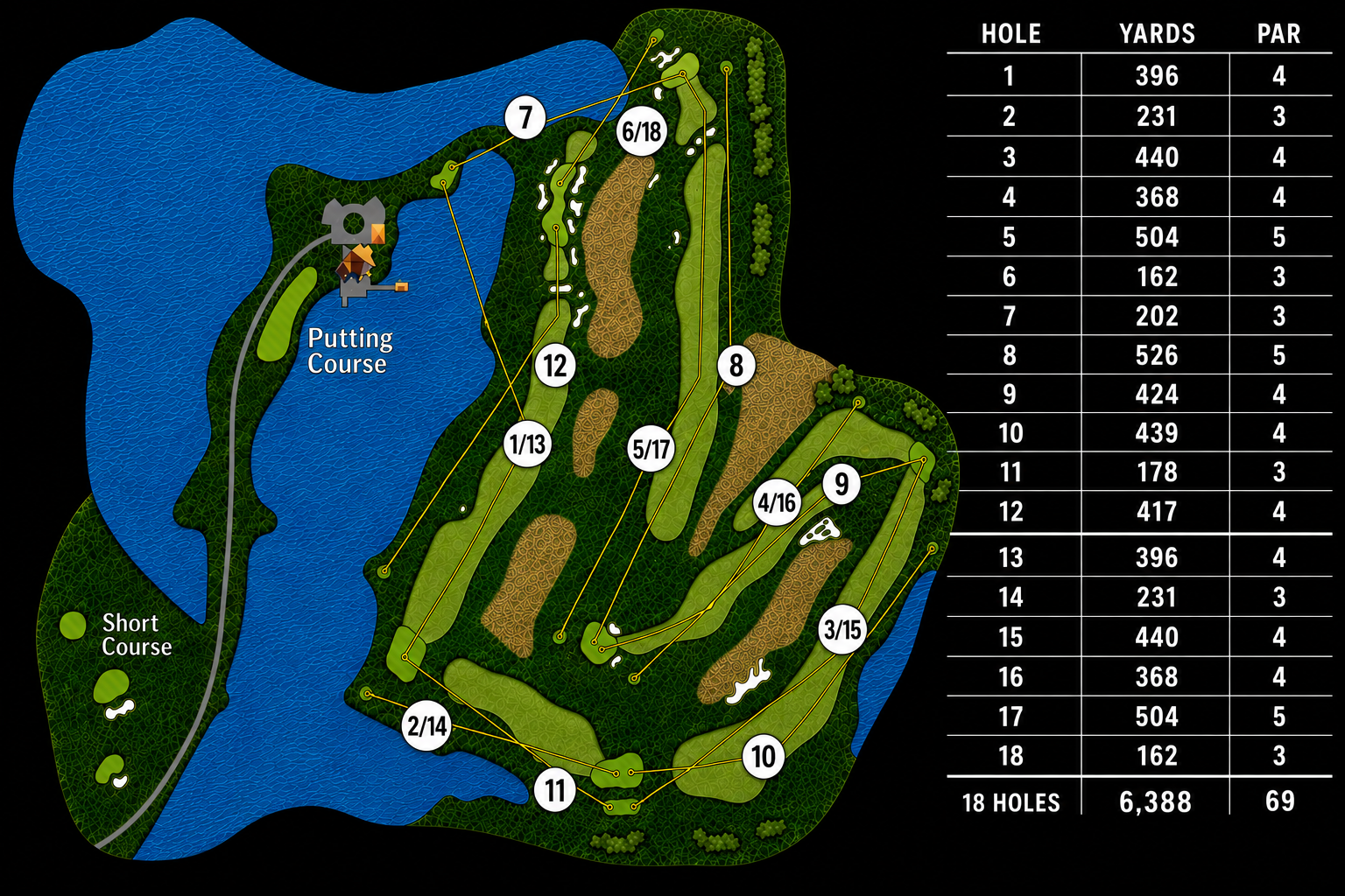 A detailed map of a golf course showing hole layouts, water hazards, greens, and fairways, with a table listing hole numbers, yardages, and par scores.