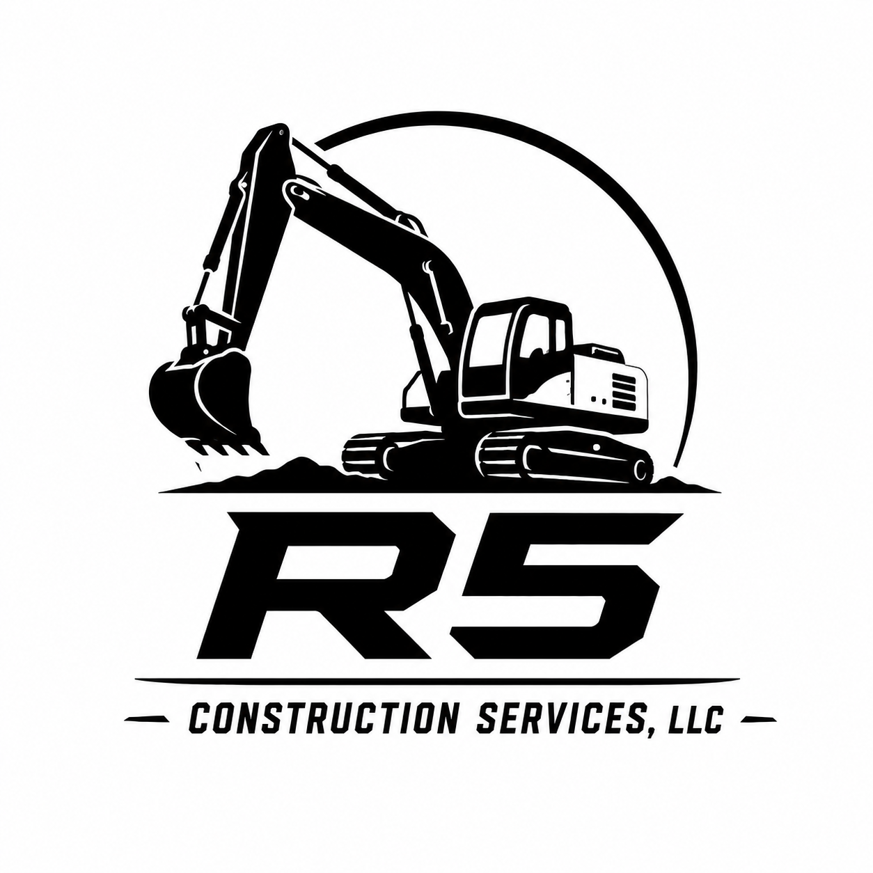 Black and white logo of a construction excavator with the text "R5 Construction Services, LLC" below it.