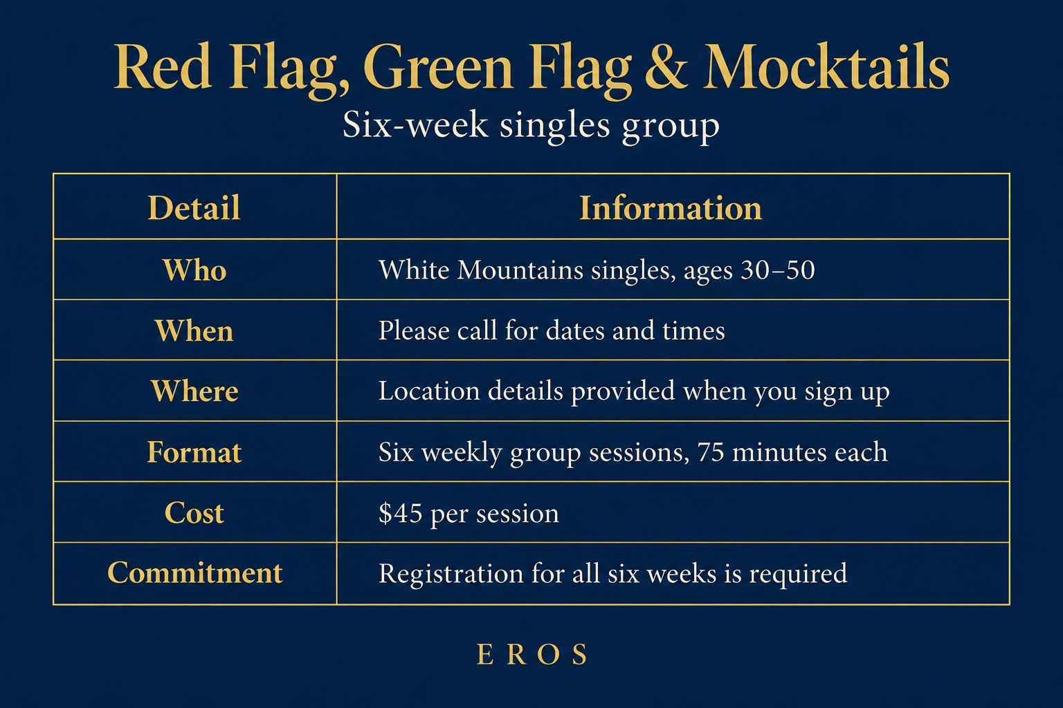 Information about a six-week singles group called Red Flag, Green Flag & Mocktails, including details about who it is for, when and where it occurs, the format, cost, and commitment requirements, with a dark blue background and gold and white text.