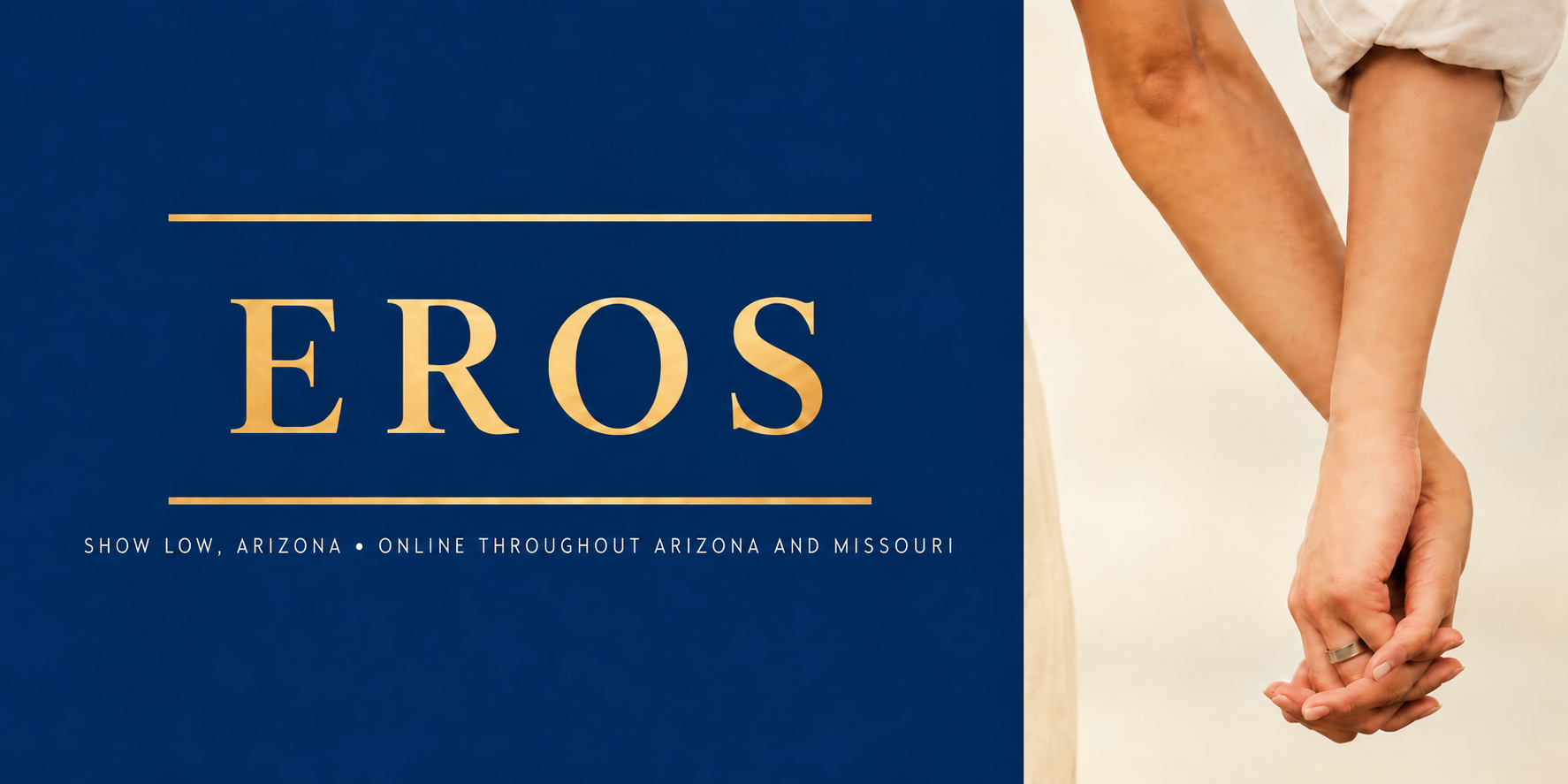Sign for EROS showcasing an event in Show Low, Arizona, with an image of a couple holding hands.