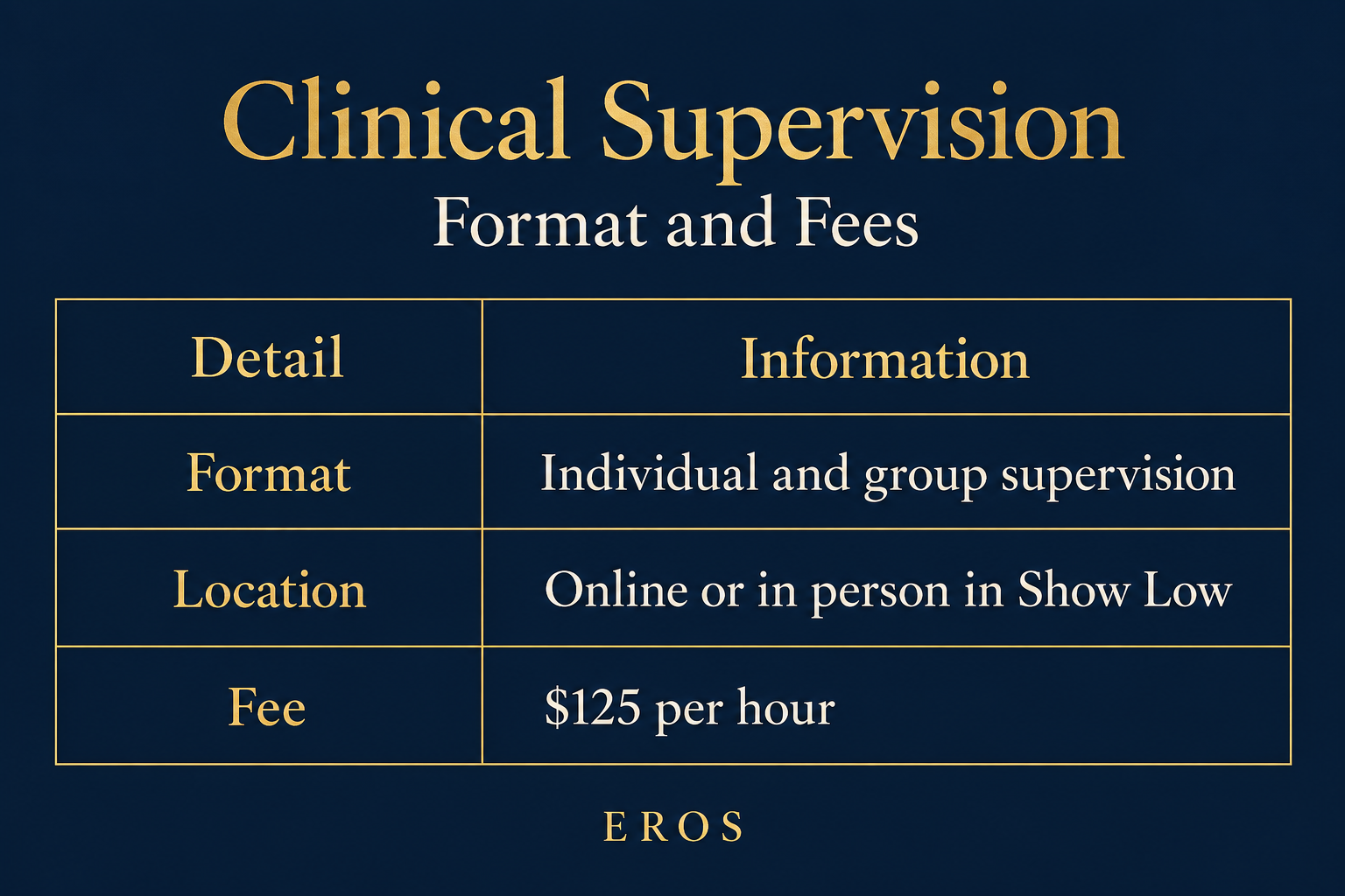 Information about clinical supervision including format, location, and fee, displayed on a navy background with gold and white text.