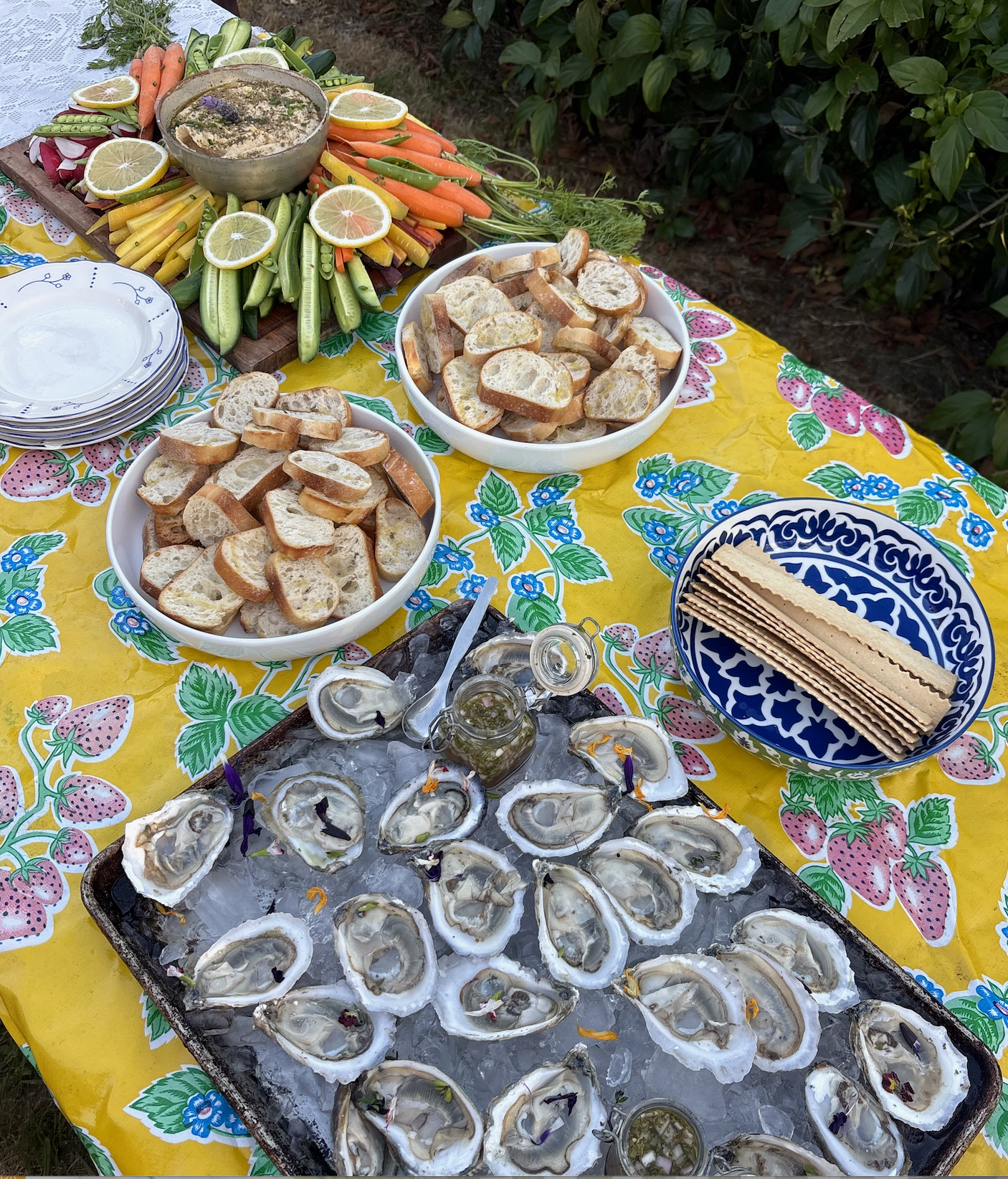 Oysters on the half shell with mignonette and crudités