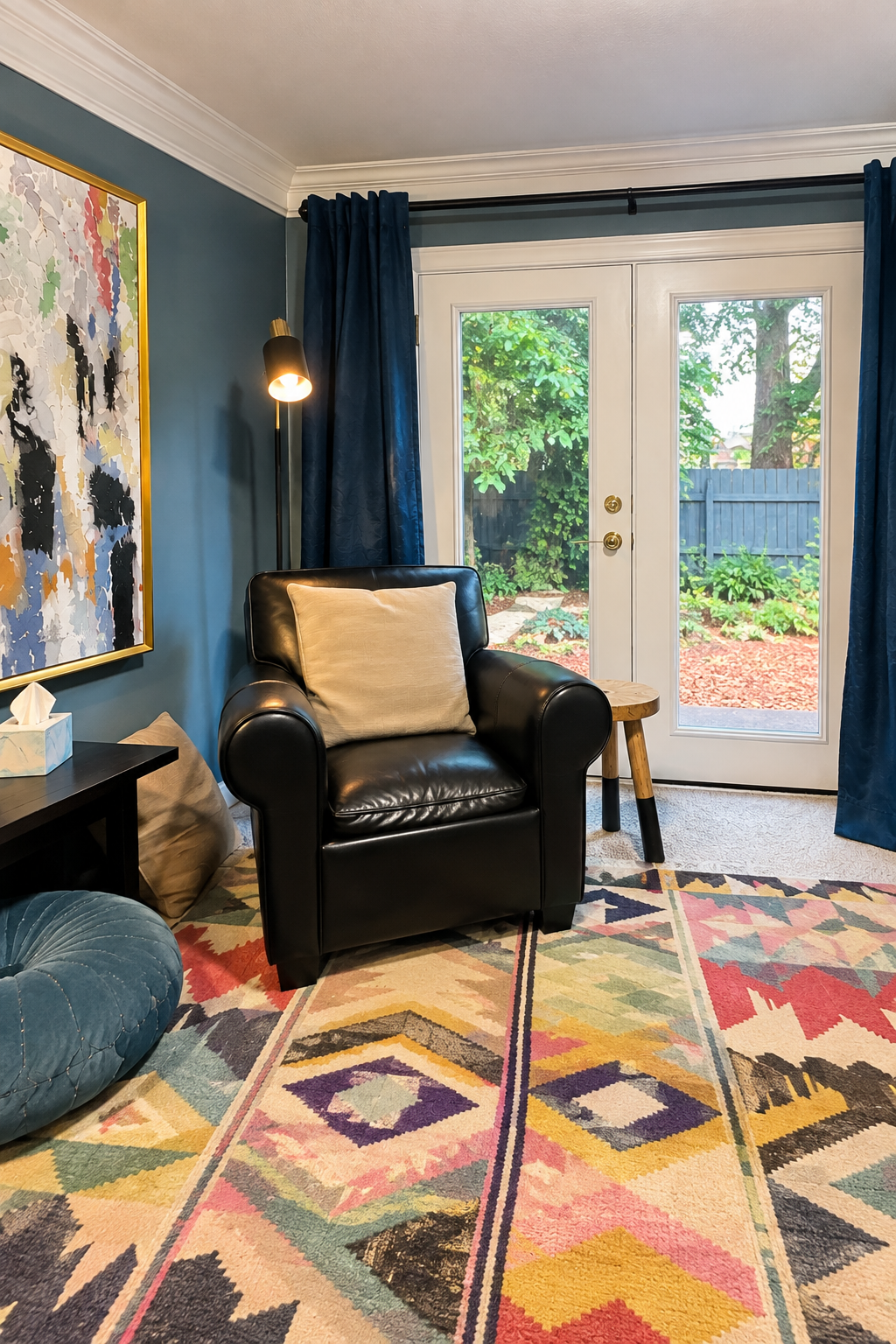 Living room with a black leather armchair with a beige pillow, a small wooden side table, a colorful geometric area rug, a large abstract wall art, blue curtains, a lamp, and glass doors revealing a backyard with trees and a fence.