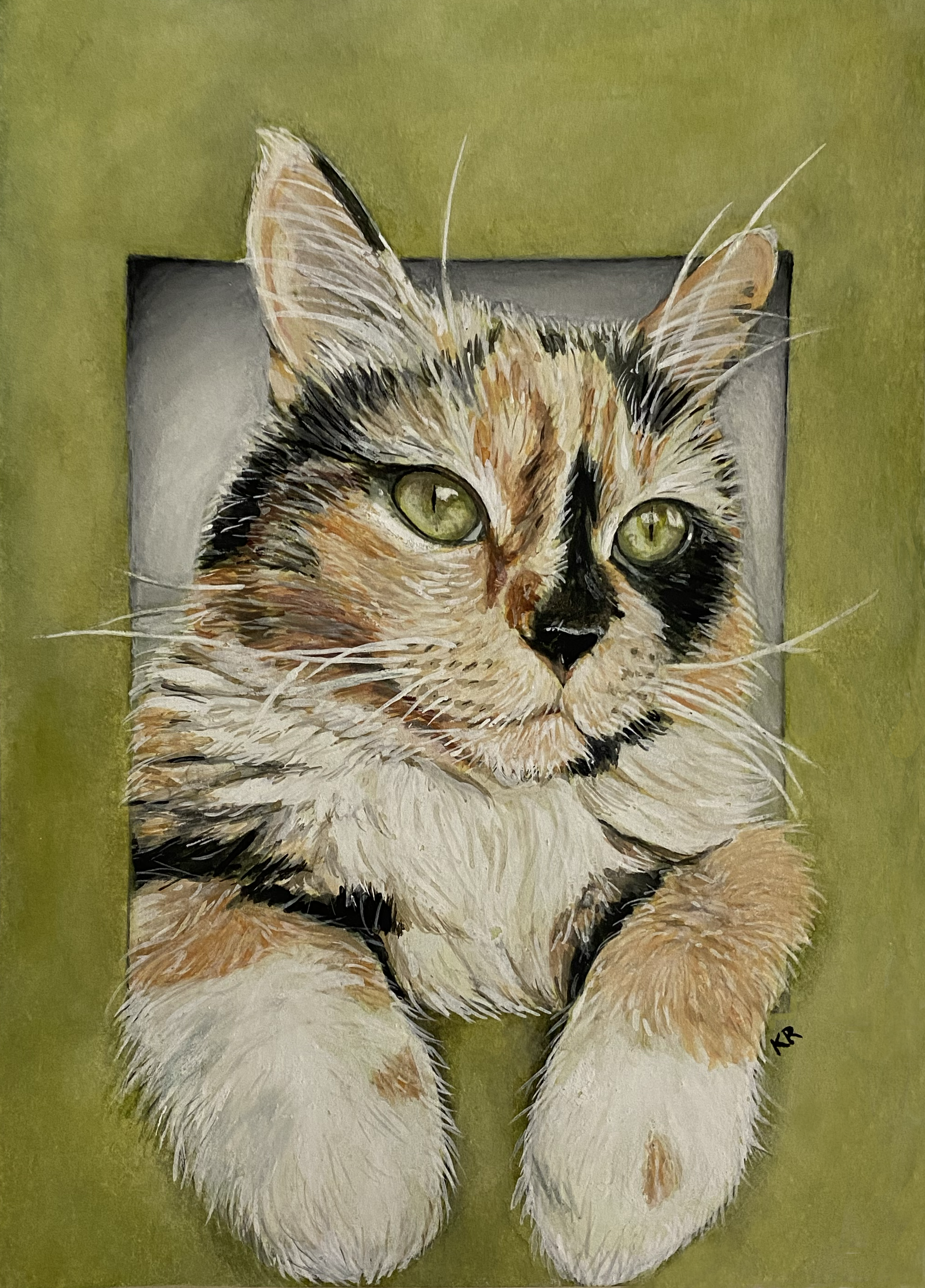 Gouache portrait of a calico cat with green eyes against an olive green background.