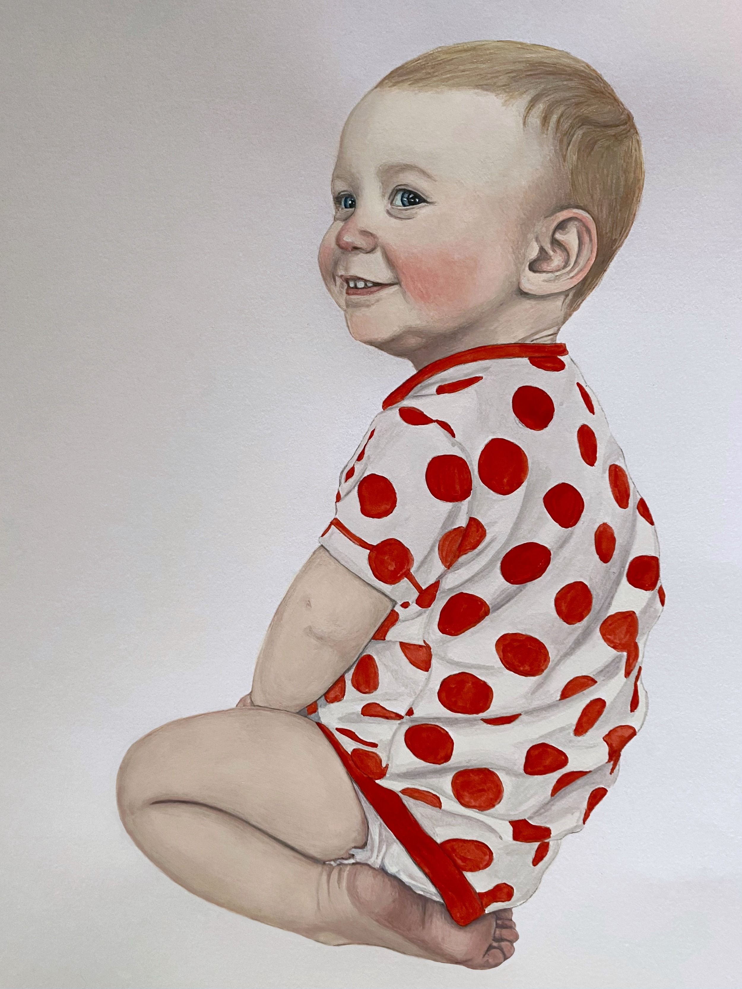 Gouache portrait of a young child seated in a white outfit with red polka dots.