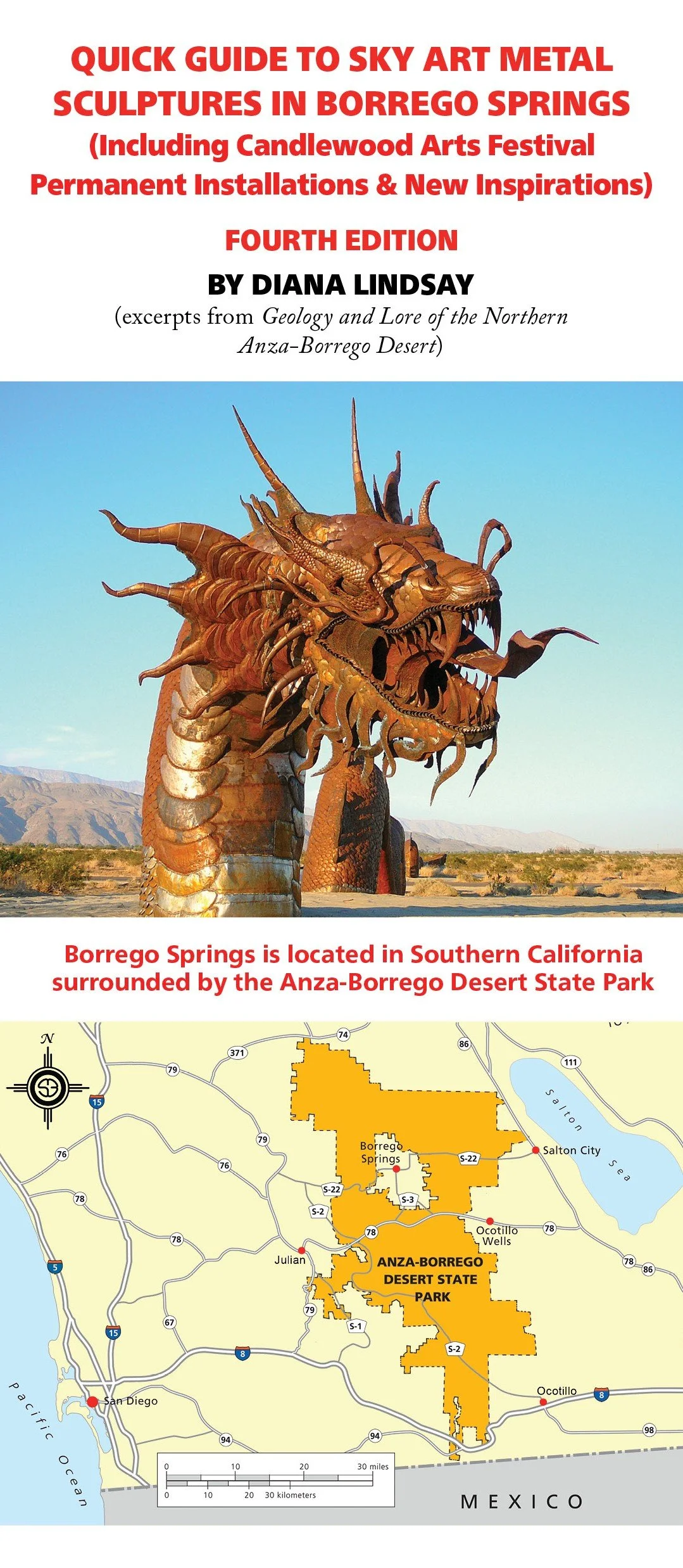 Cover page of a guidebook titled 'Quick Guide to Sky Art Metal Sculptures in Borrego Springs,' featuring a large metal dragon sculpture in a desert landscape with mountains in the background, and a map showing Borrego Springs and surrounding areas in Southern California.