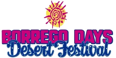 Logo with a sun and spiral design at the top, and text reading 'Borrego Days Desert Festival' in pink, purple, and blue colors.
