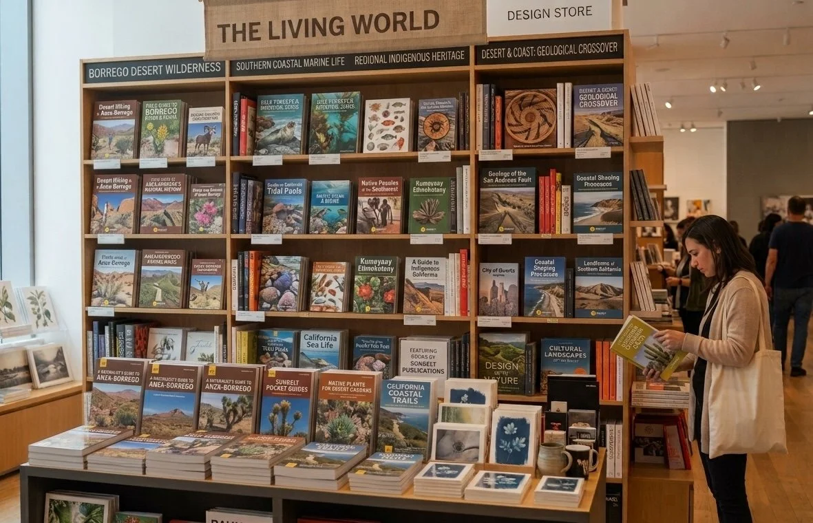 A woman shopping in a bookstore, looking at a book about outdoor landscapes. The bookstore features a display titled 'The Living World' with shelves of books on deserts, coastal environments, indigenous heritage, geologic crossovers, and regional wildlife. There are various books on local flora, fauna, geography, and travel guides about Anza-Borrego and California's coast and deserts on display.