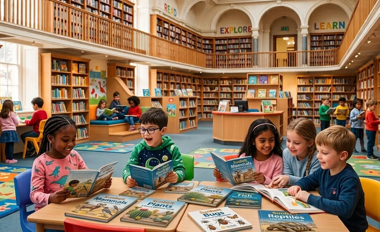 Children reading books at a table in a library with bookshelves and a second level.
