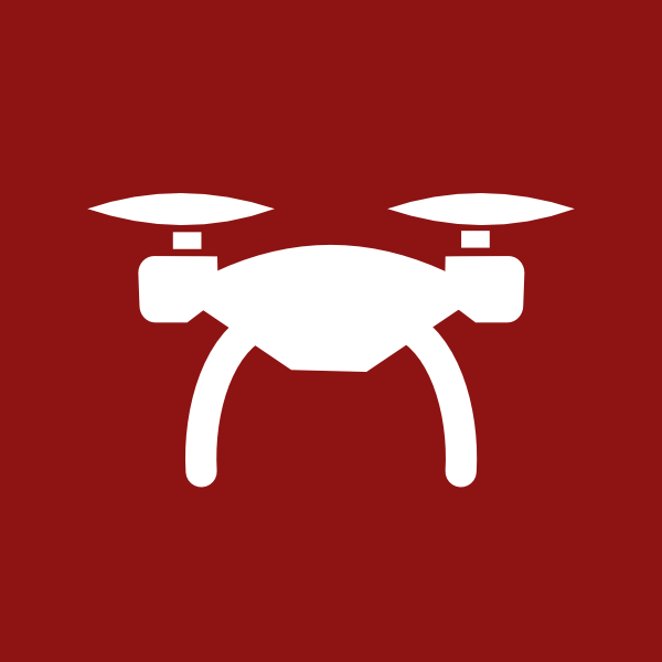 Icon of a drone with propellers on a red background.