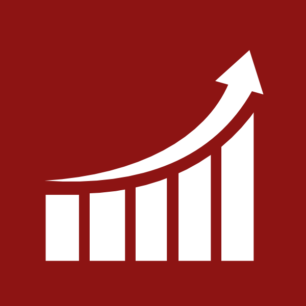 A white bar graph with an upward arrow on a red background, representing growth or increase.