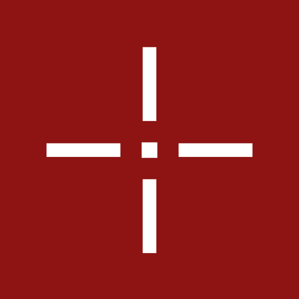 A red square background with a white cross shape in the center, resembling a targeting or focus reticle.