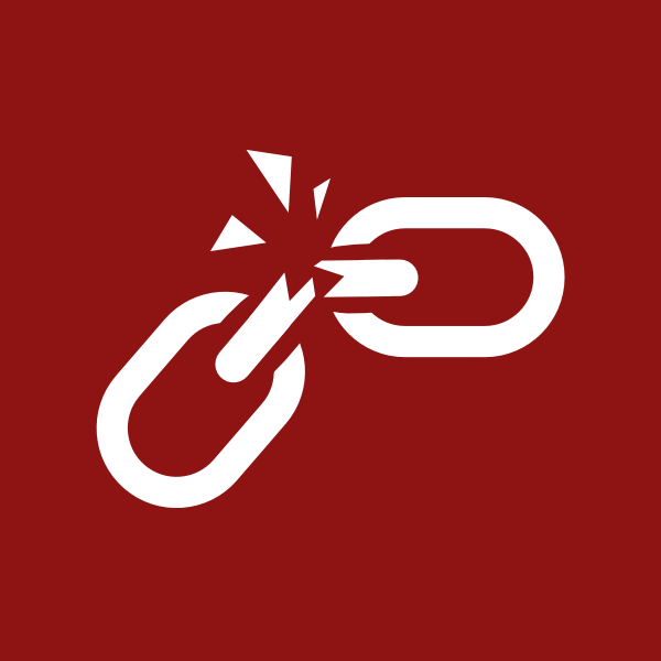 Graphic of a broken chain link with a spark, symbolizing breaking free or disconnect.