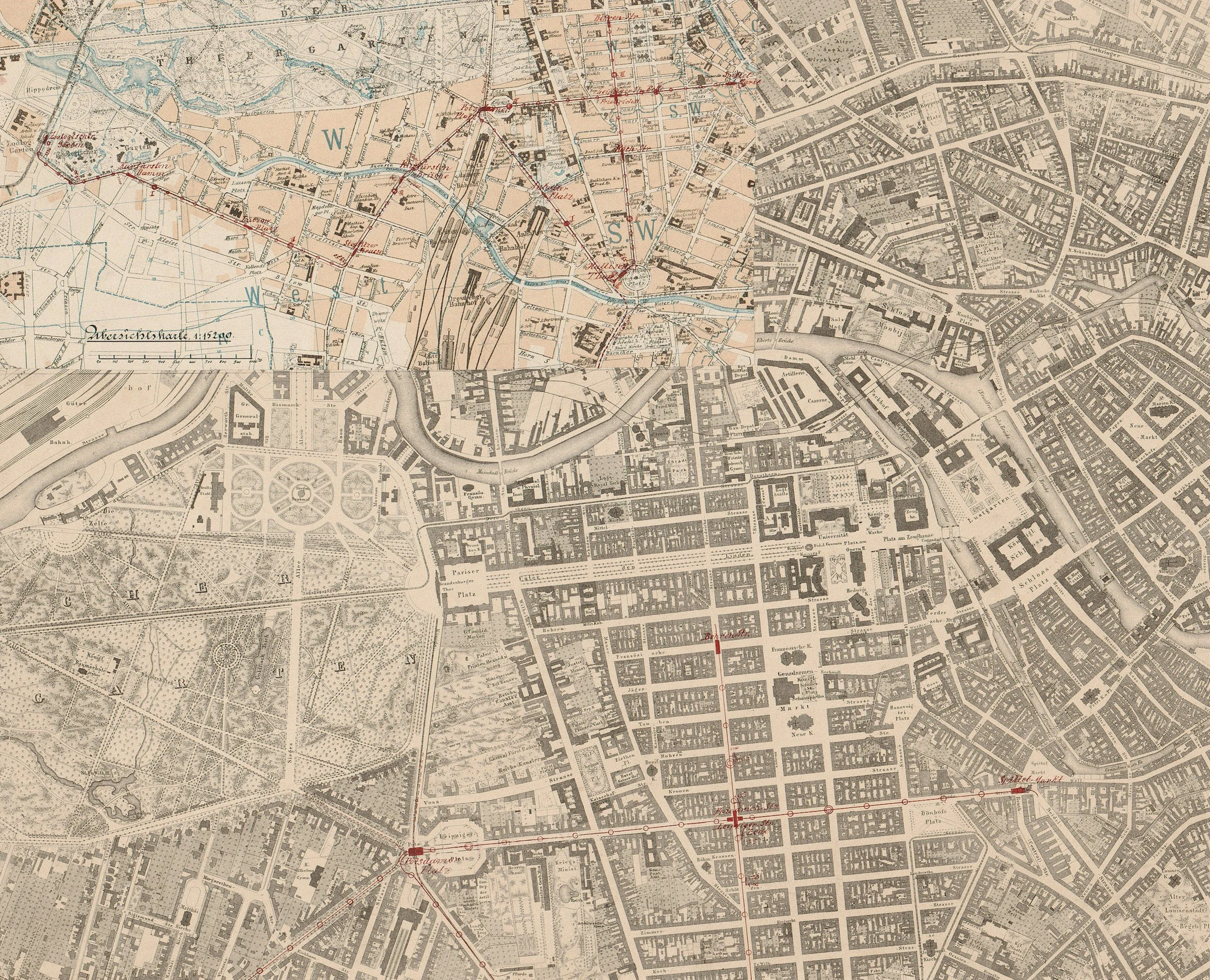 An old, detailed city map showing streets, buildings, rivers, and landmarks from a historical period, with labels in German.
