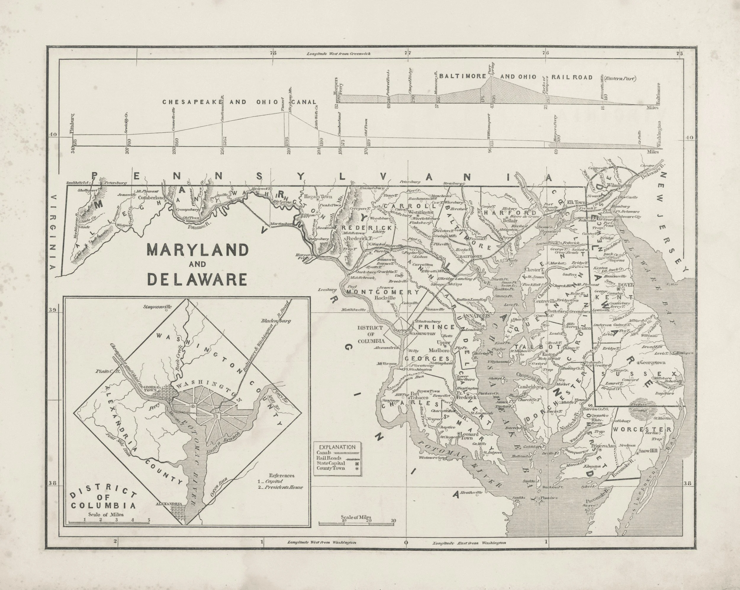Black and white map showing the Chesapeake and Ohio Canal, Baltimore, and Ohio Railroad, and surrounding areas, with detailed geographic and transportation features.