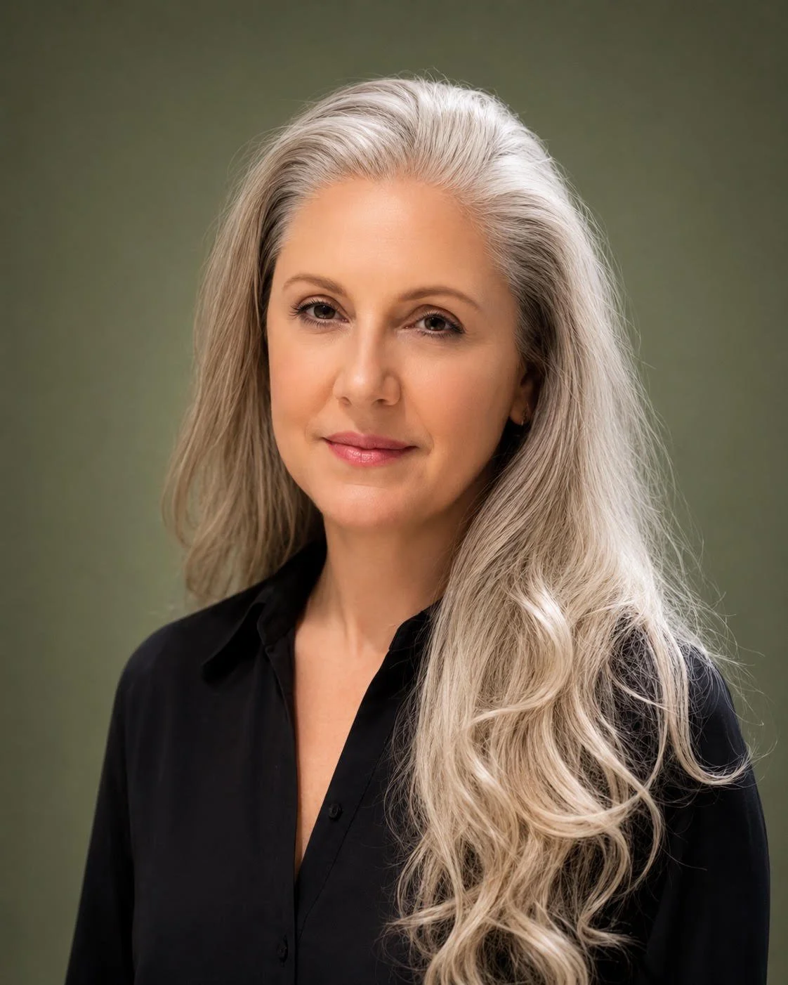 A woman with long, wavy silver hair wearing a black blouse, smiling softly against a greenish background.