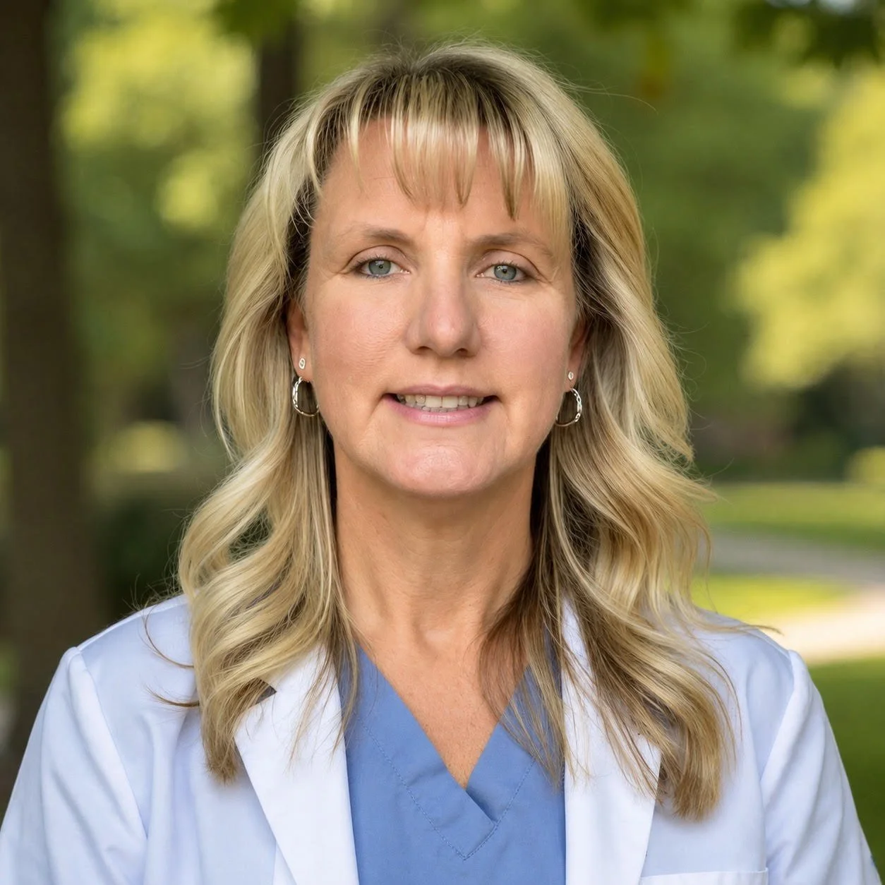 A woman with blonde hair and blue eyes wearing a white doctor's coat and blue scrubs, standing outdoors with trees and greenery in the background.