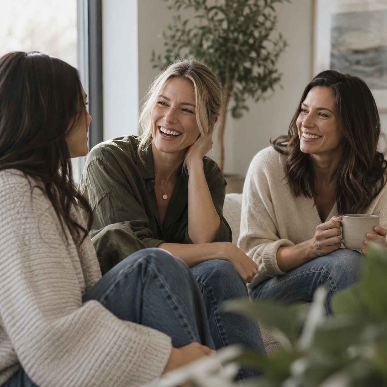 Three women sitting on a couch, smiling and talking during a casual gathering at home, one holding a mug.