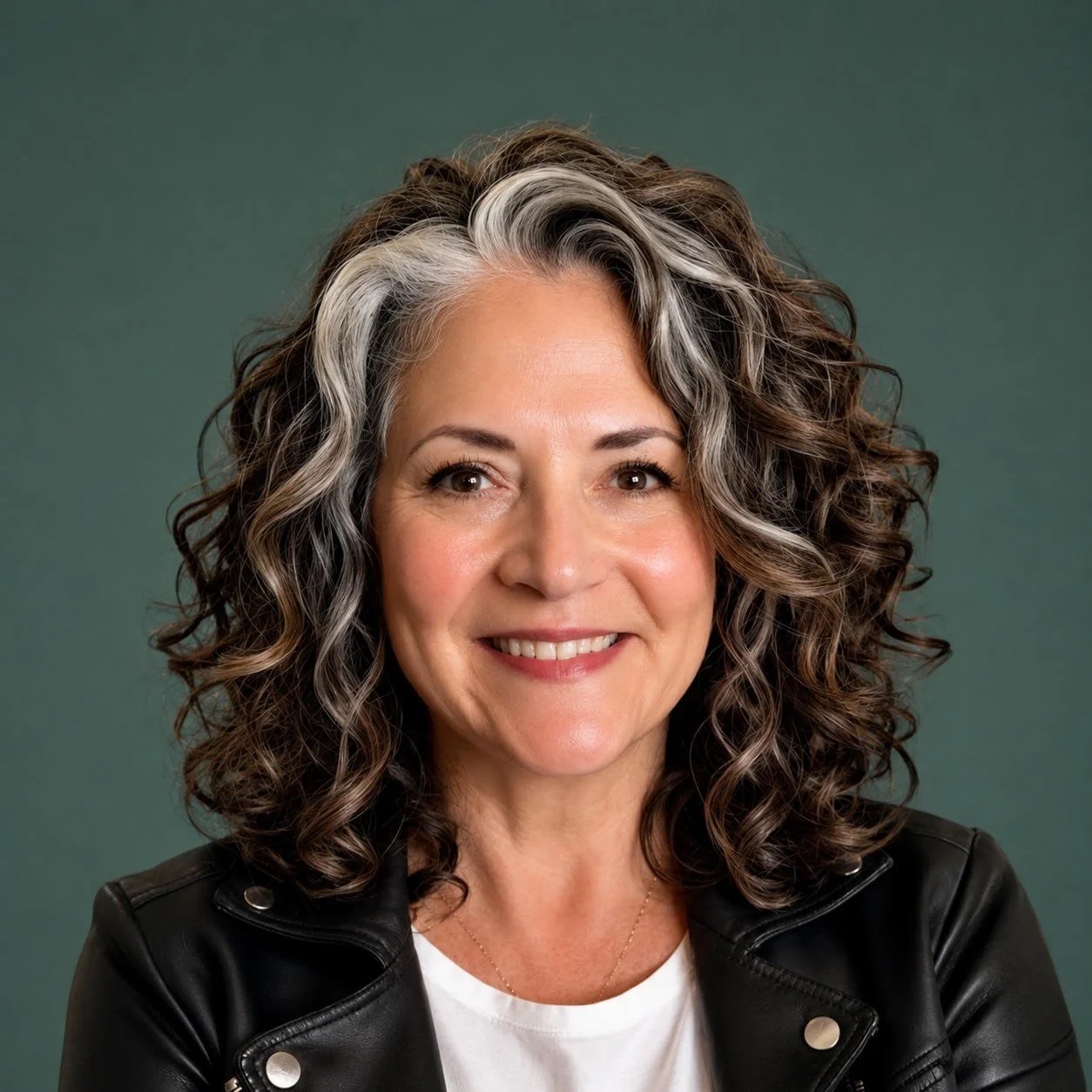 Portrait of a woman with curly gray and black hair, smiling, wearing a black leather jacket and white shirt against a green background.
