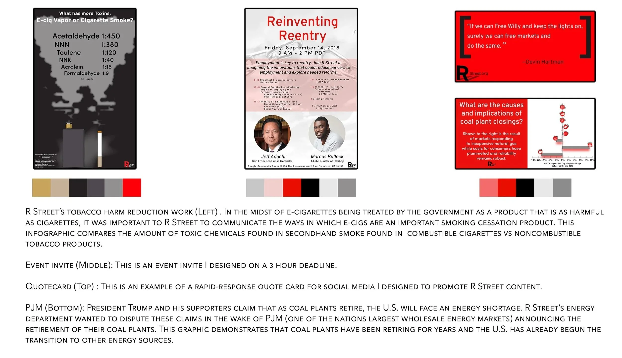 The image is a collection of infographic panels. The left panel shows a smoking cessation graphic comparing toxic chemicals in tobacco versus e-cigarettes, featuring a smoking image with labels for chemicals like Acetaldehyde, NNN, Toluene, NNK, Acrolein, and Formaldehyde. The middle panel is an event invite titled 'Reinventing Reentry' with photos of speakers Jeff Adachi and Marcus Bullock, detailing a conference schedule. The top right panel is a quote in red on a black background: 'If we can free Willy and keep the lights on, surely we can free markets and do the same.' The lower right panel discusses coal plant closures and market impacts, with a graph showing net change in capacity percentage. A color bar beneath each panel shows the color scheme used in the graphics.