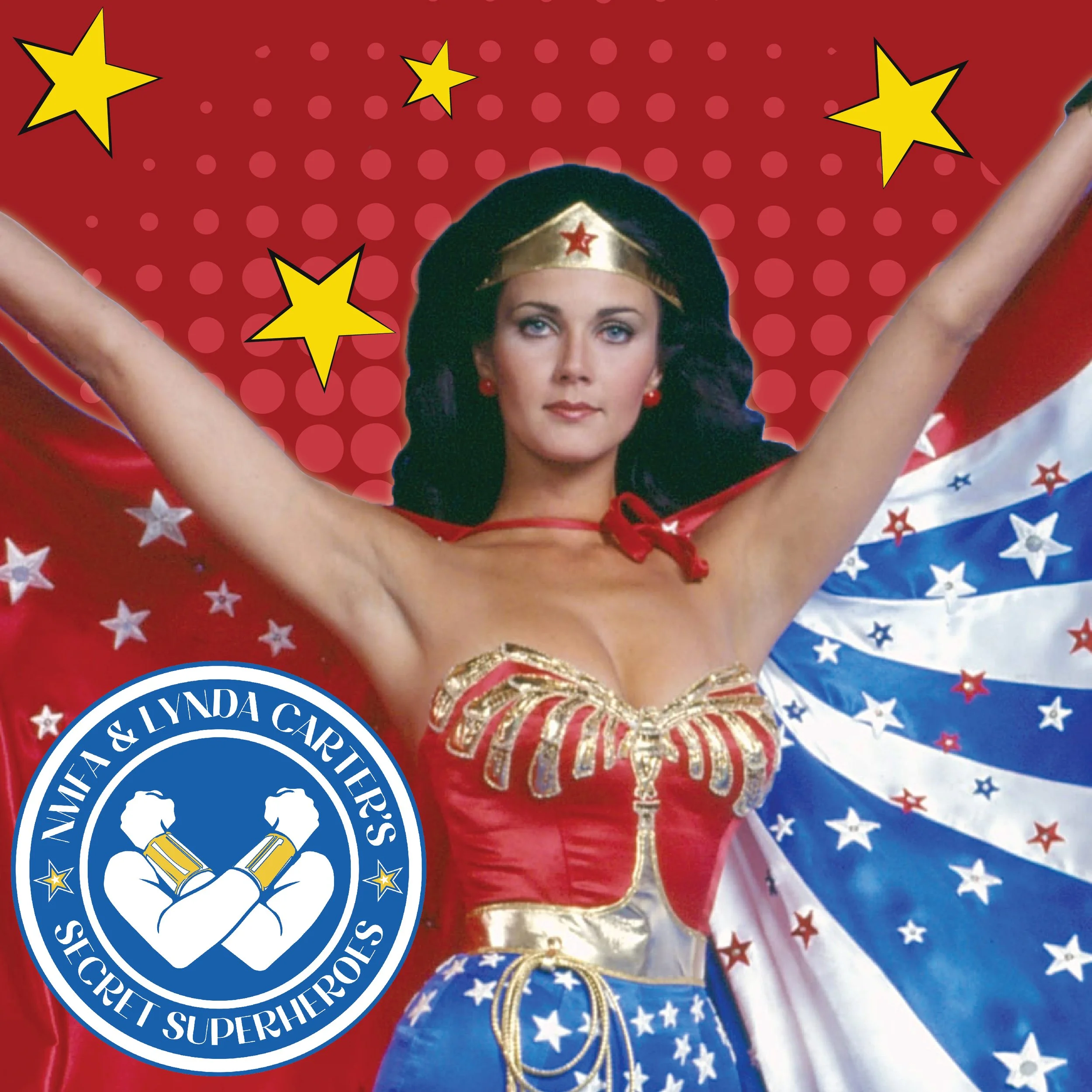 A person dressed as Wonder Woman standing in front of a red, white, and blue patriotic backdrop with yellow stars, a circular emblem, and the words 'Superhero Support System'.