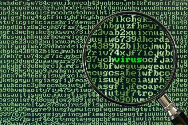 Close-up of a computer screen with green code, and a magnifying glass enlarging the word 'virus' in the code.