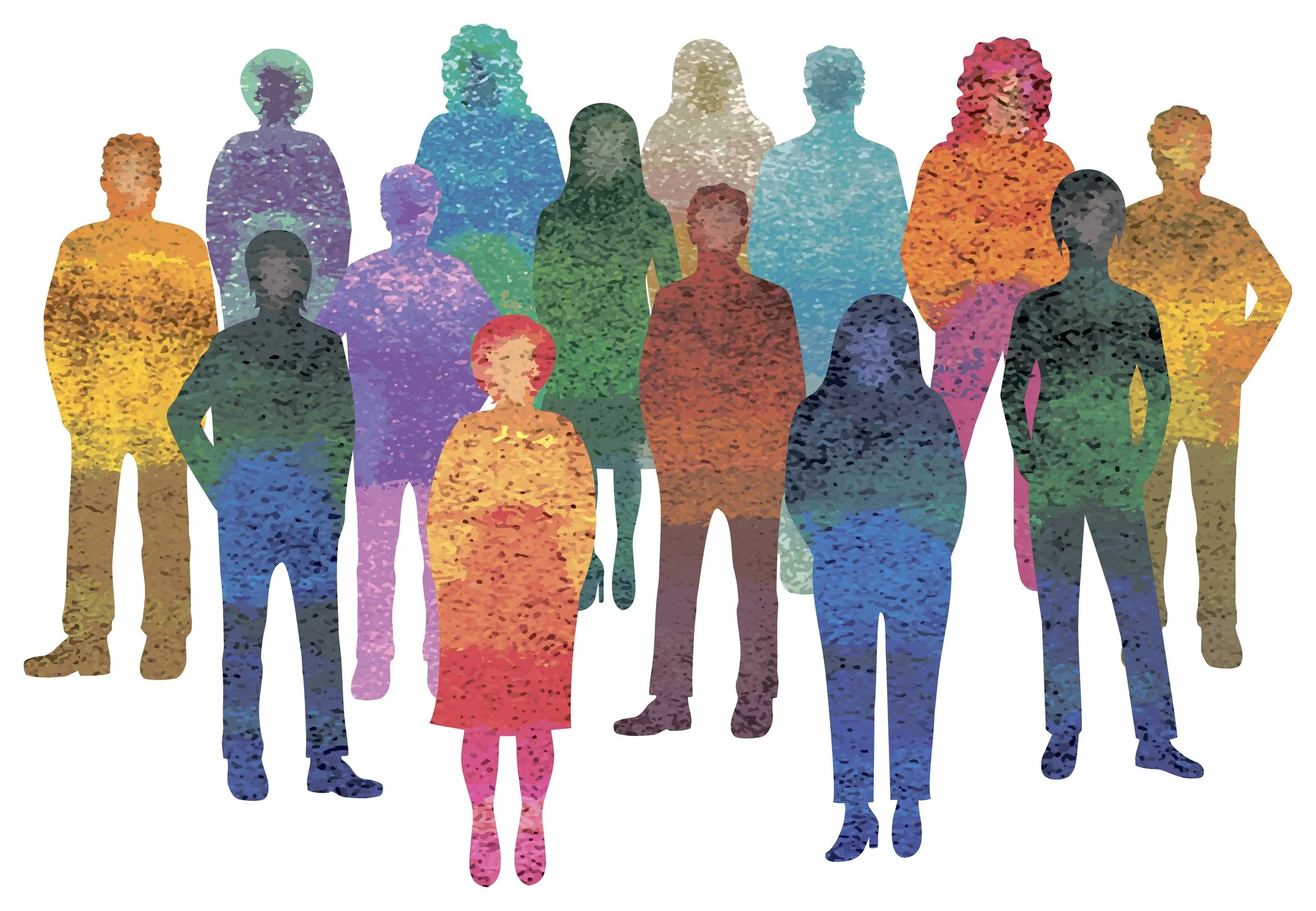 Silhouettes of diverse people with colorful, textured patterns.