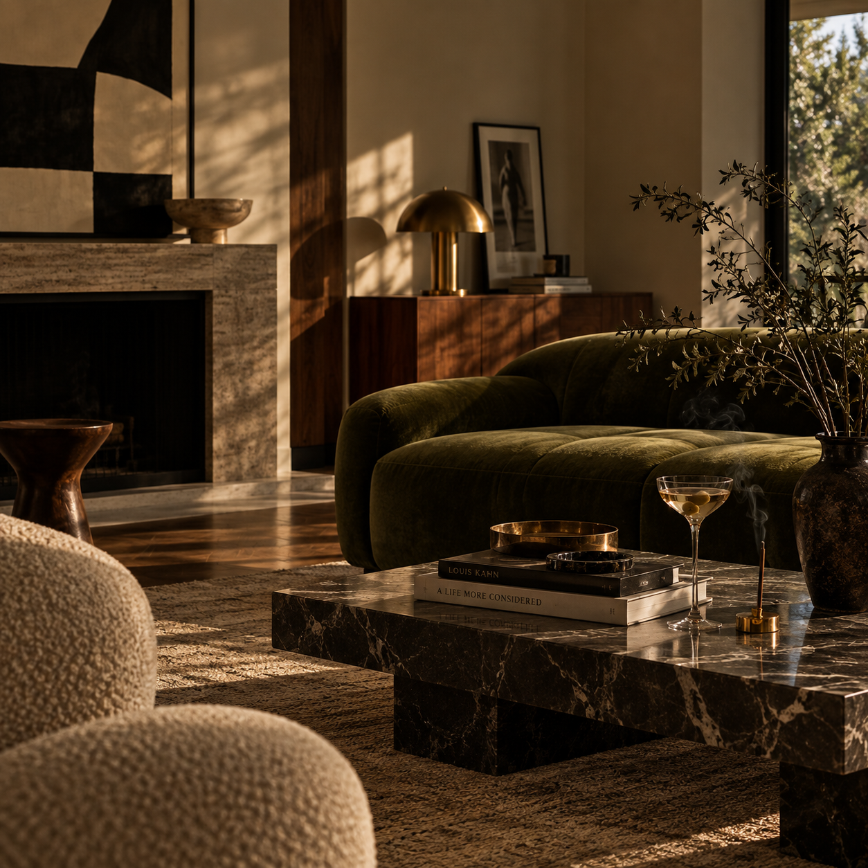 A stylish living room with a green velvet sofa, marble coffee table with books and drinks, fireplace, and decorative items, illuminated by natural sunlight.