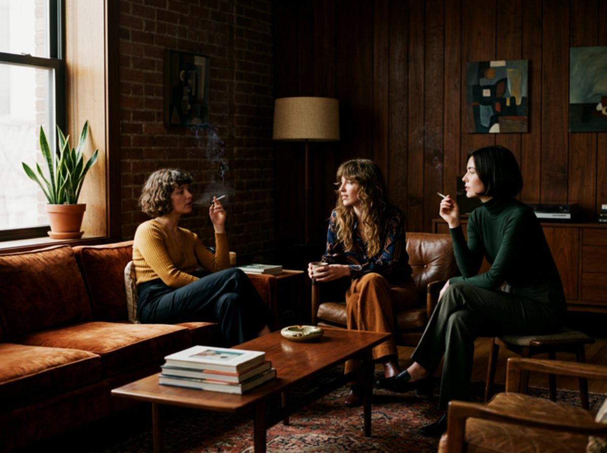 Three women sitting in a cozy living room, smoking cigarettes and having a conversation.