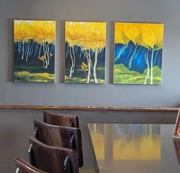 Aspen Triptych hanging near the bar 
Three Paintings Oil on Canvas
74" x 30".  $995