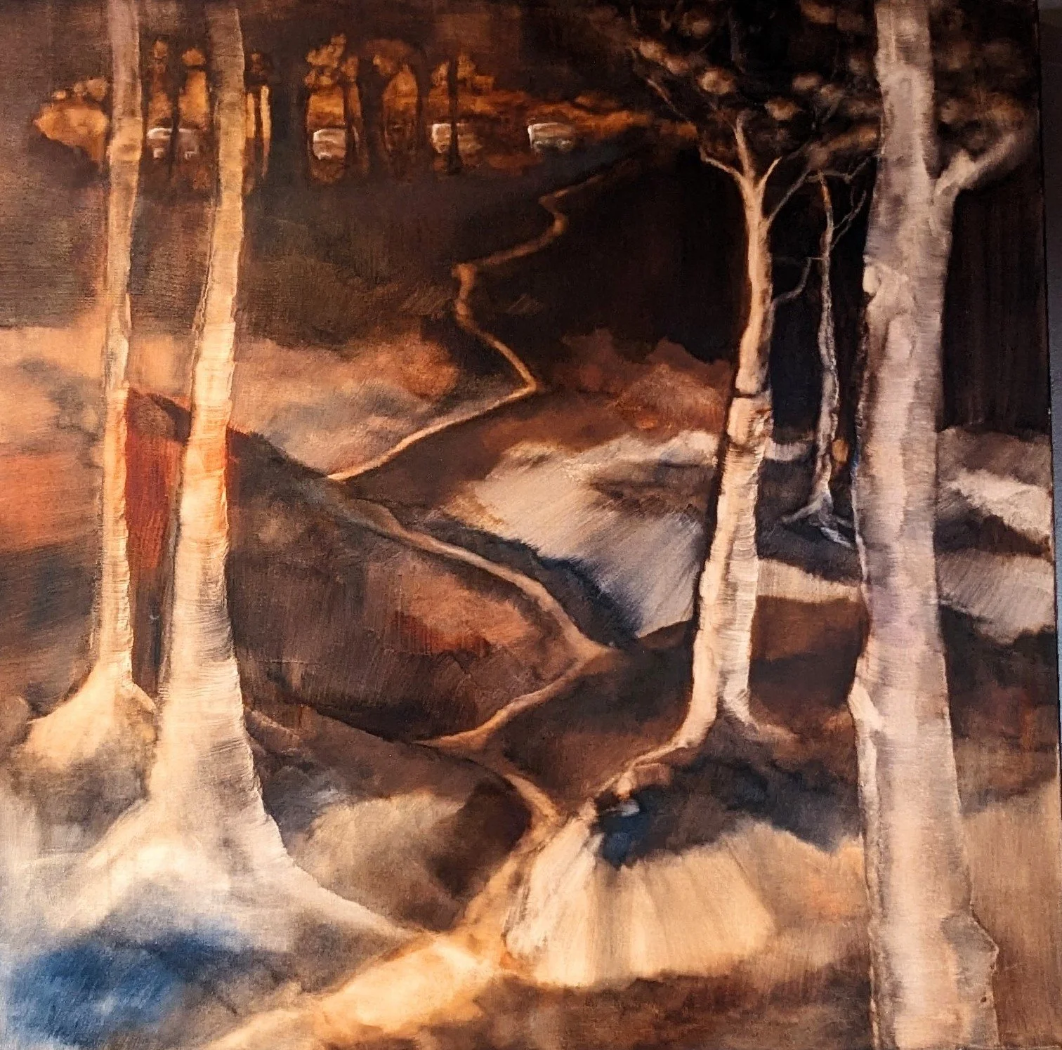 "Hike's End...Glint of Windshields in the Parking Lot"
Oil on Canvas, 30" x 30"
$795