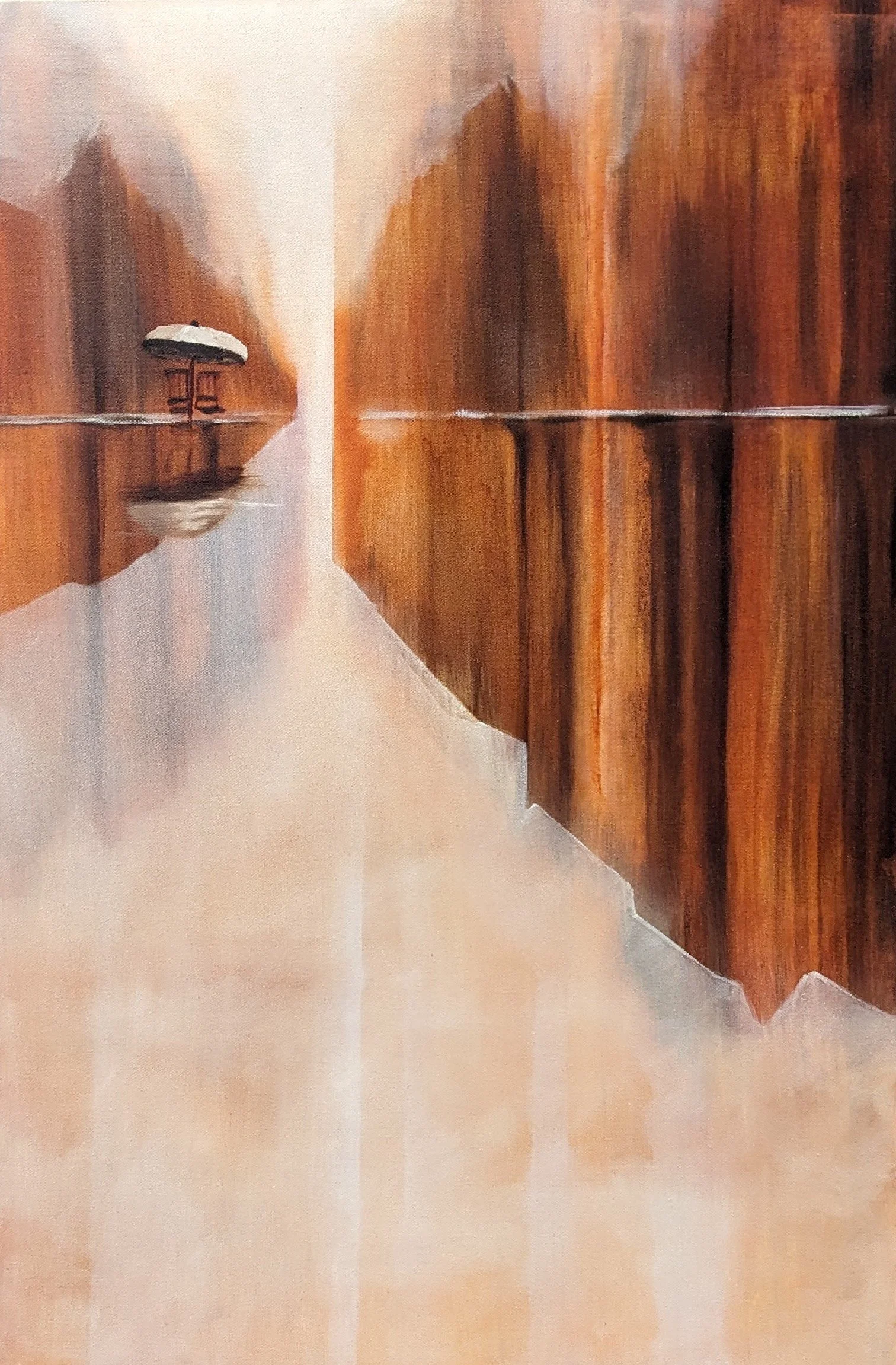 abstract oil painting with small beach umbrella for a surrealistic touch