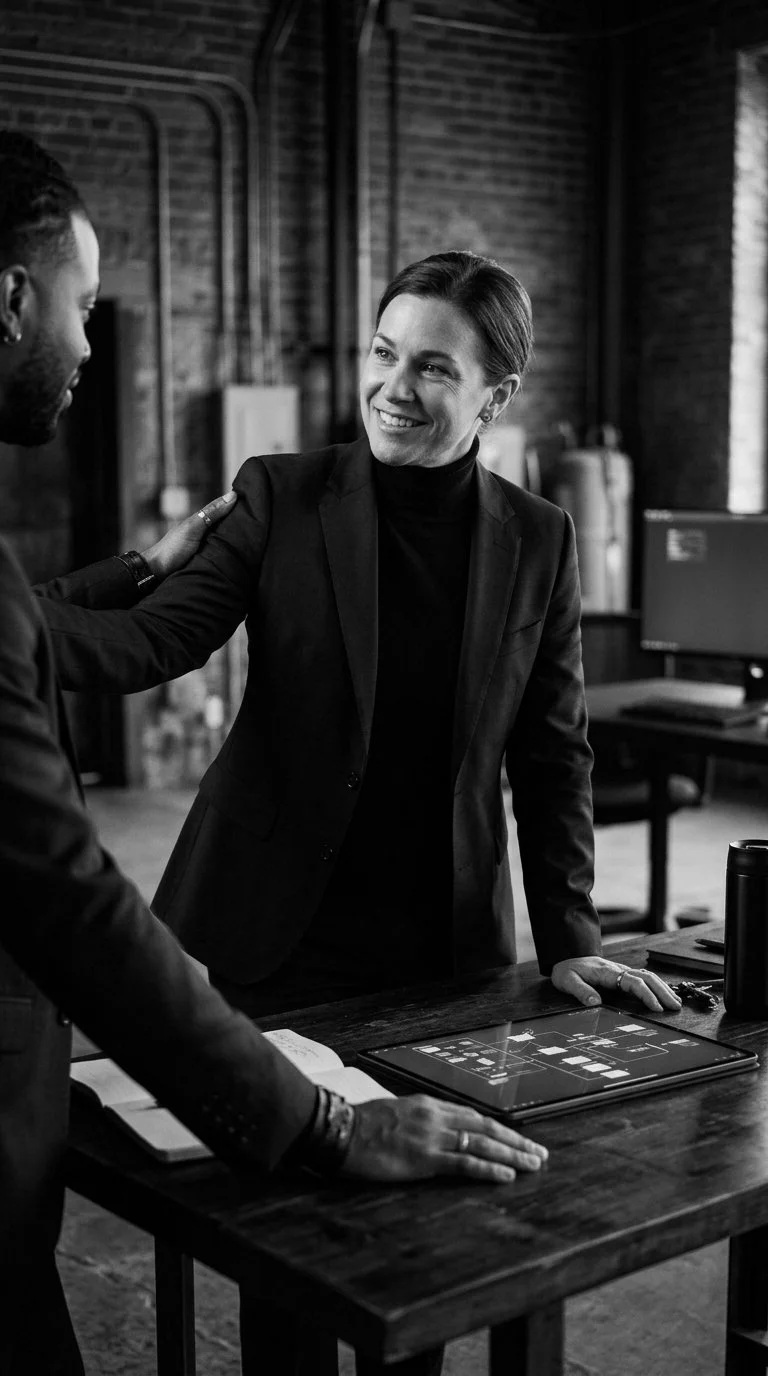 Two colleagues smiling and talking in an office, one woman putting her hand on the other's shoulder, with a computer and office supplies on the table.