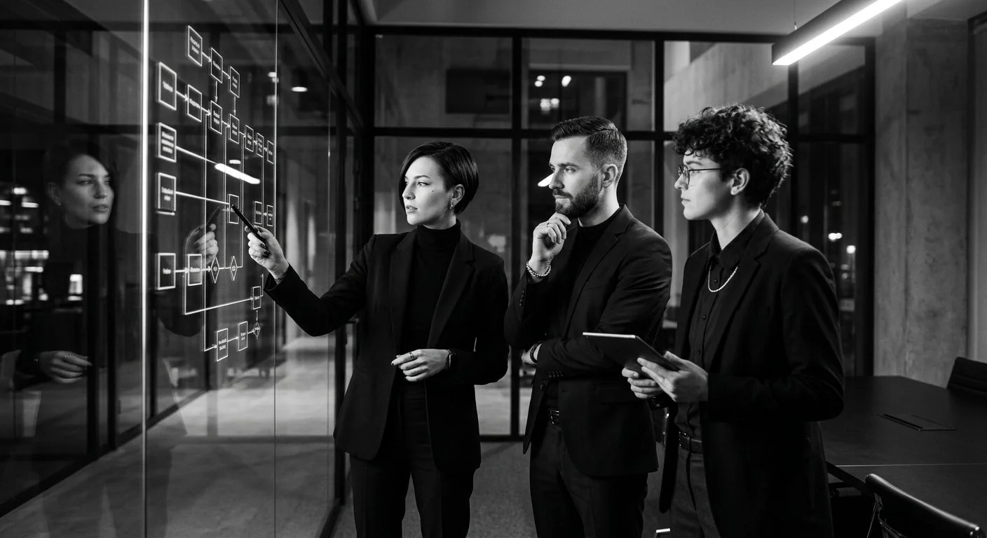 Three professionals discussing a digital flowchart or diagram on a transparent screen in a modern office.