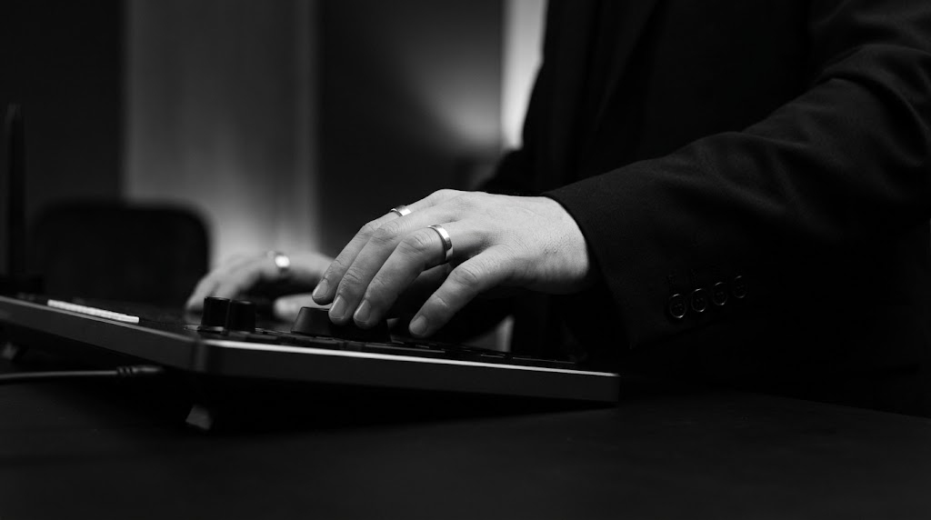 Close-up of a person mixing music with a DJ controller, wearing a dark suit, in a dimly lit room.