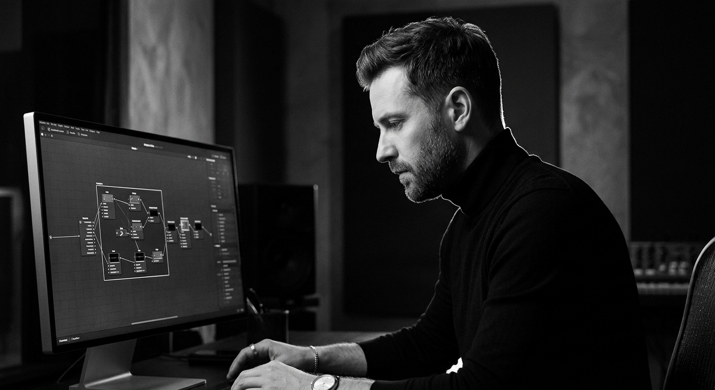 A man working on a music production program on a computer in a studio.