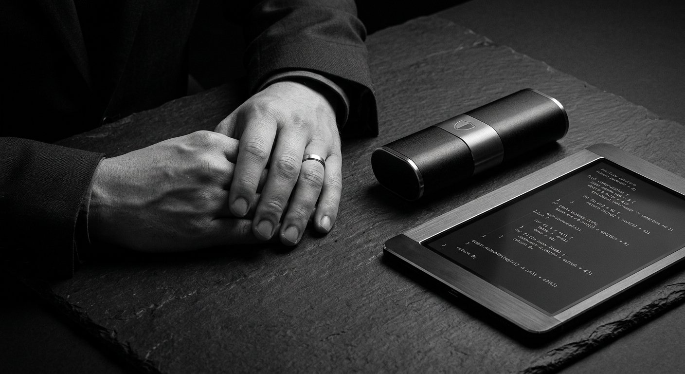 A person's hands resting on a wooden table, with one hand wearing a ring, next to a tablet displaying code, a cylindrical portable speaker, and a laptop.