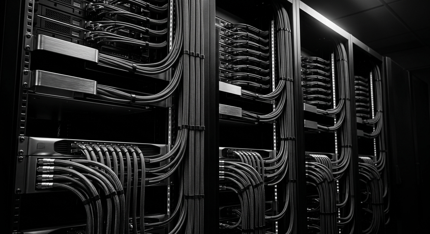A server room with black racks filled with numerous black cables connected to electronic equipment.
