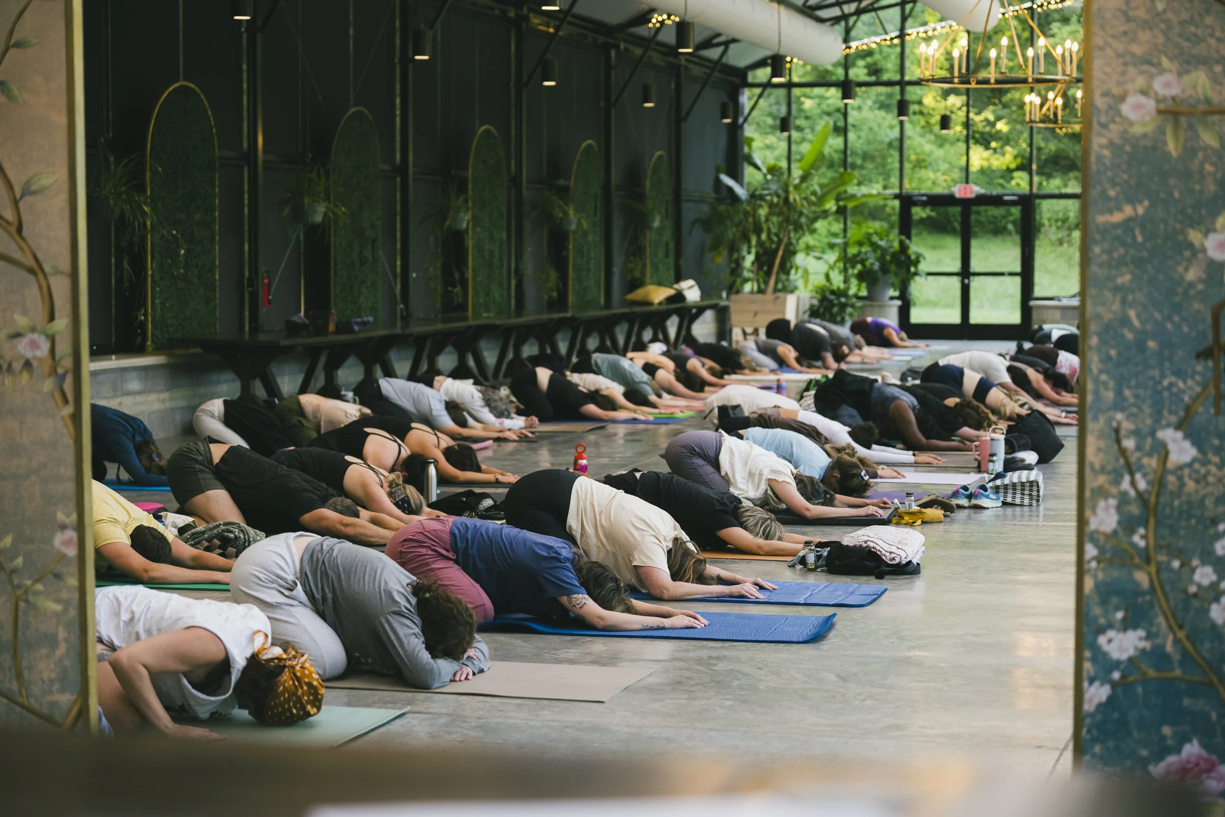 A large group of people participating in a wellness event at The Conservatory at Evergreen, featuring a spacious, sunlit studio with large windows, greenery outside, and chandeliers hanging from the ceiling.