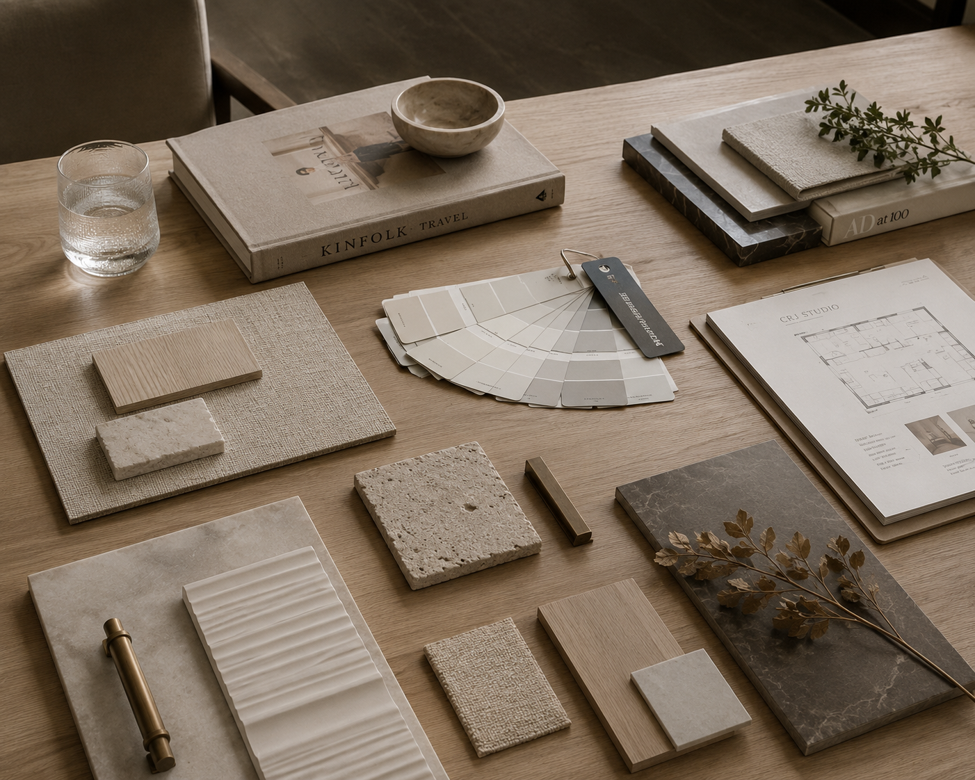 A desk with home design materials including color swatches, fabric samples, stone tiles, a floor plan, and books on interior design.