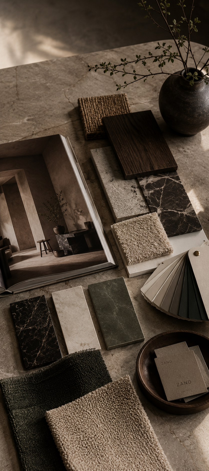 Interior design mood board with material samples, fabric swatches, and a decorative photograph of a modern living space with a tall plant.